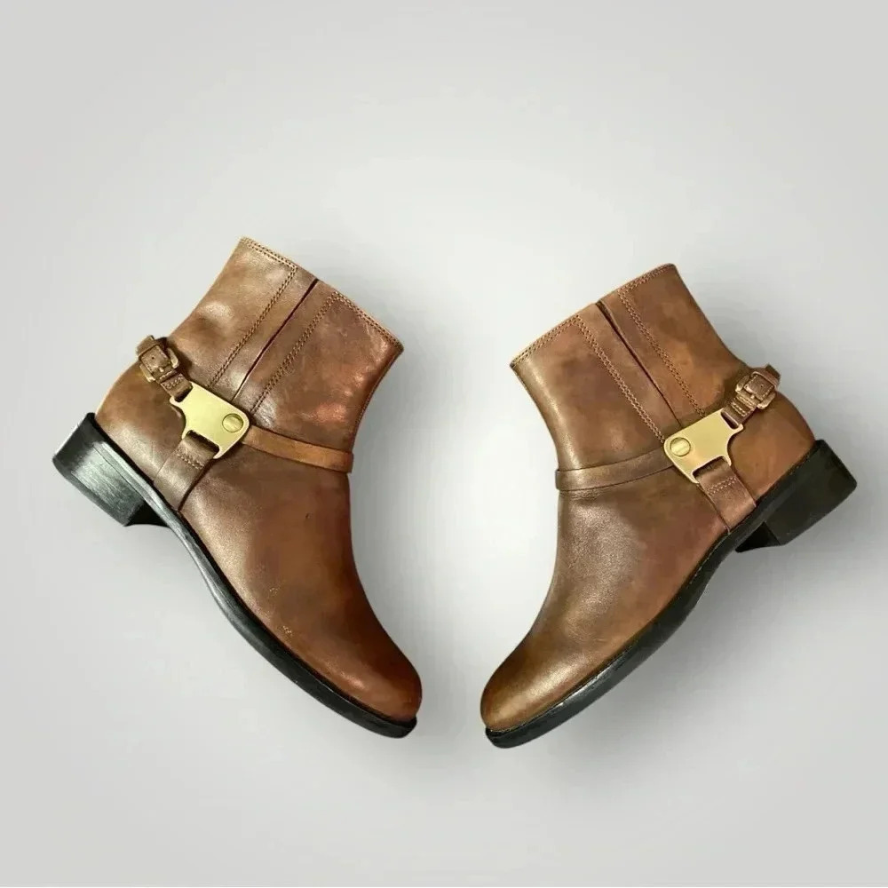Ecco Leather Boots Round Toe Side Zip Block Heel Ankle Womens Size 37‎
